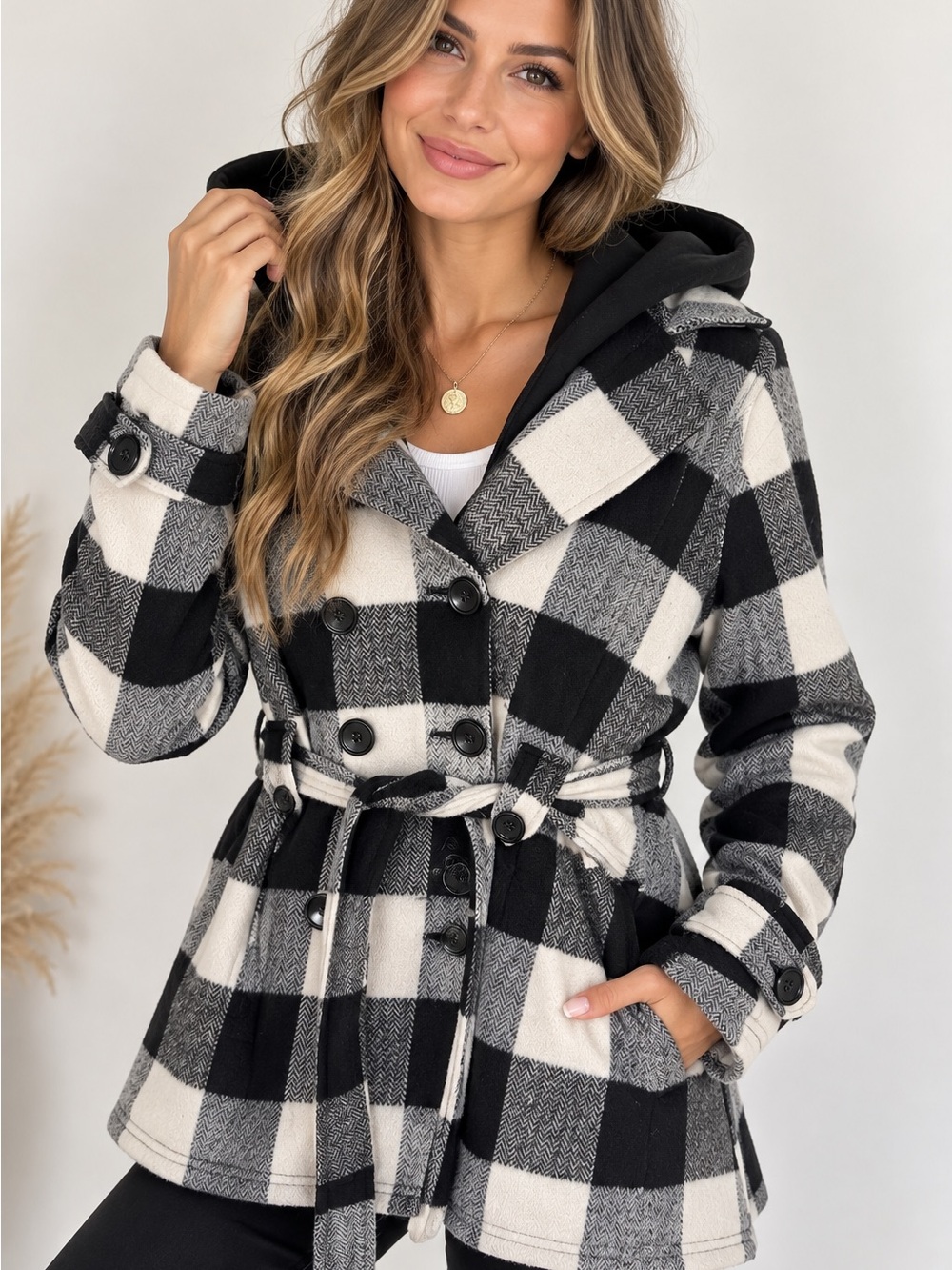 JouJou Womens XL Black & White Buffalo Plaid Hooded Belted Coat Peacoat Jacket